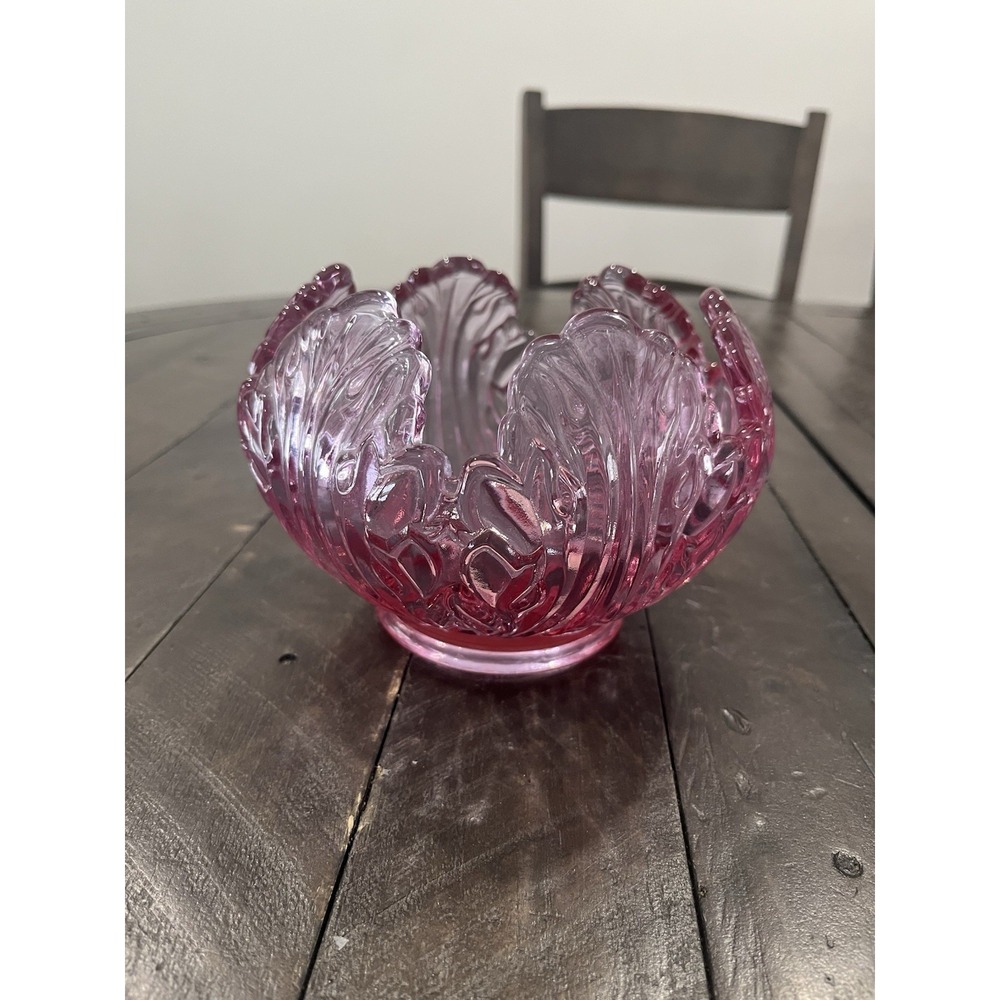 FENTON Art Glass Empress PINK Lotus Rose Bowl Cranberry Petal Vase Candle Holder